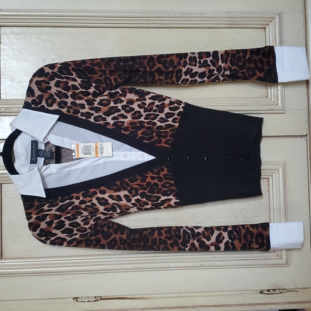 INC leopard print button down layered blouse
